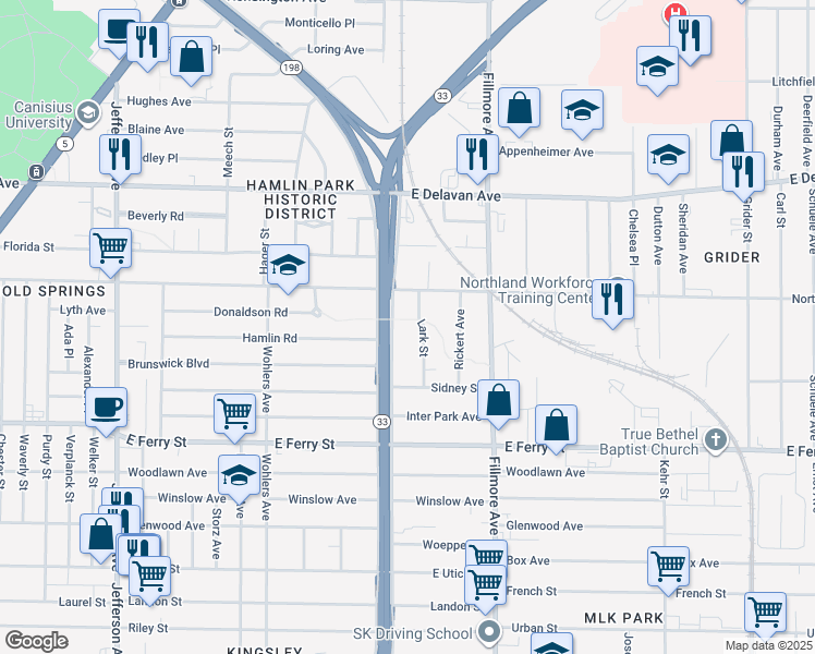 map of restaurants, bars, coffee shops, grocery stores, and more near 626 Humboldt Parkway in Buffalo