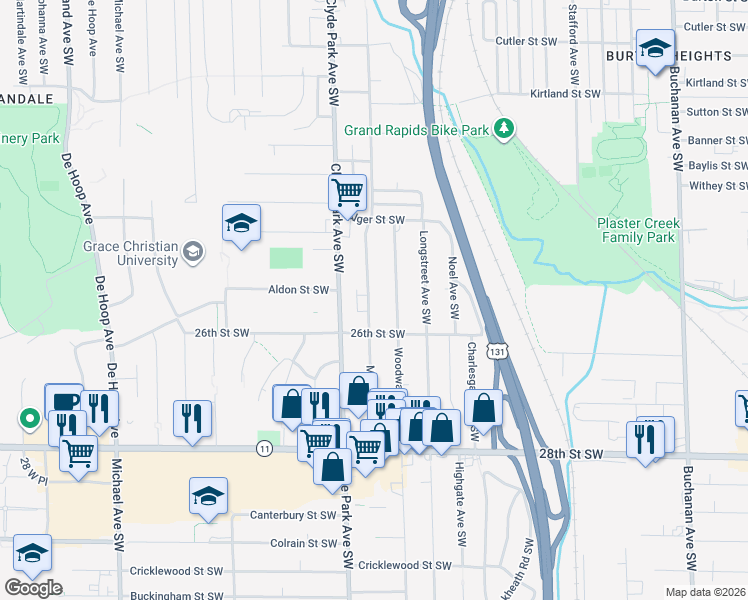 map of restaurants, bars, coffee shops, grocery stores, and more near 2520 McKee Avenue Southwest in Wyoming