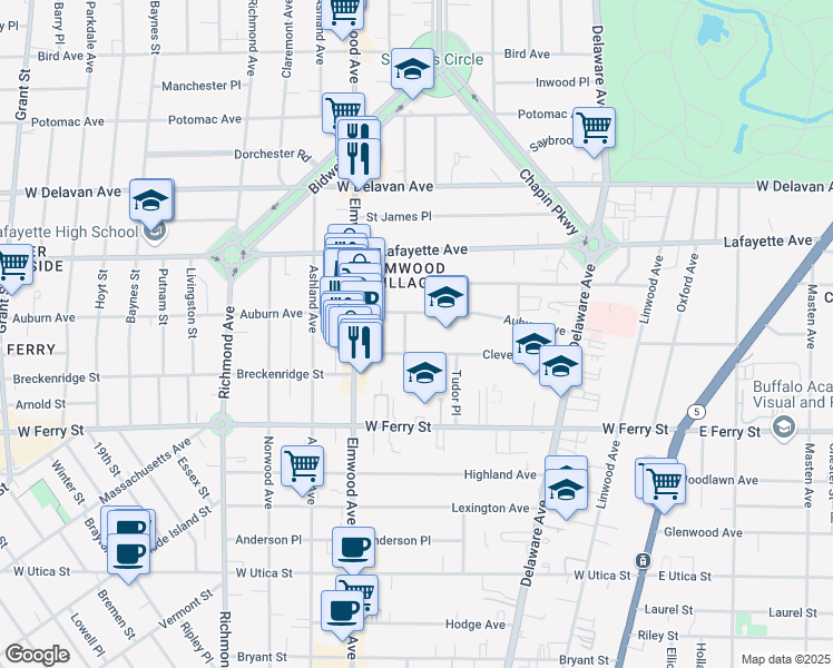 map of restaurants, bars, coffee shops, grocery stores, and more near 159 Cleveland Avenue in Buffalo
