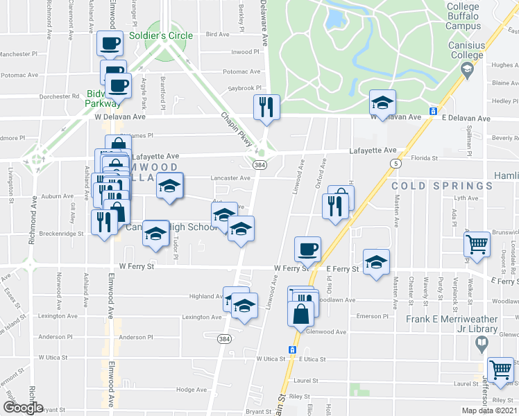 map of restaurants, bars, coffee shops, grocery stores, and more near 1255 Delaware Avenue in Buffalo