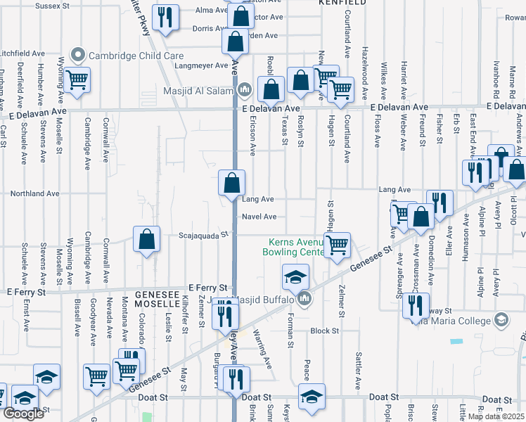 map of restaurants, bars, coffee shops, grocery stores, and more near 56 Navel Avenue in Buffalo