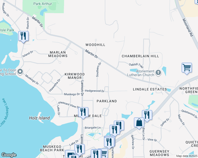 map of restaurants, bars, coffee shops, grocery stores, and more near W170S6996 Southern Drive in Muskego