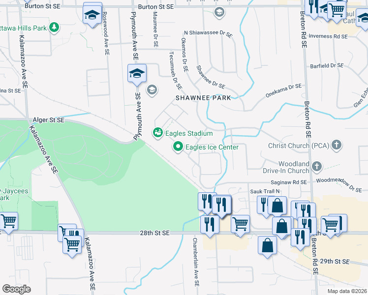 map of restaurants, bars, coffee shops, grocery stores, and more near 2500 Village Drive Southeast in Grand Rapids