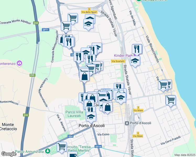 map of restaurants, bars, coffee shops, grocery stores, and more near 16 Via Enrico Mattei in San Benedetto del Tronto