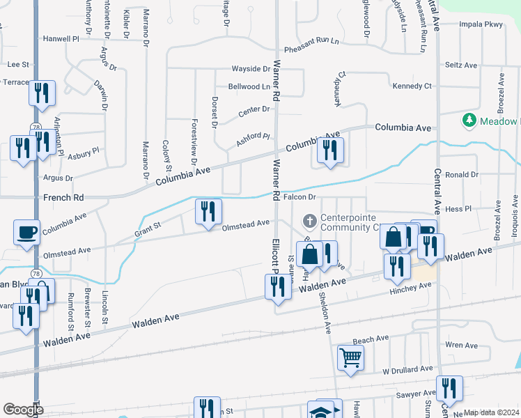 map of restaurants, bars, coffee shops, grocery stores, and more near 388 Olmstead Avenue in Depew