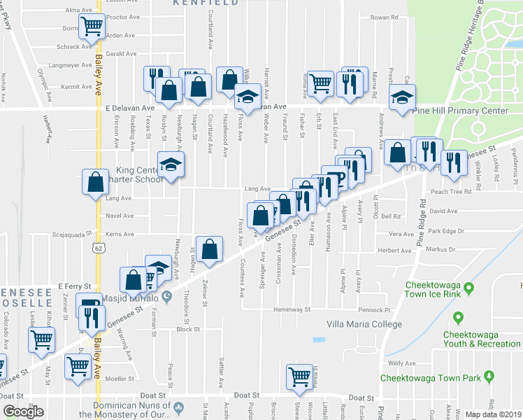 map of restaurants, bars, coffee shops, grocery stores, and more near 54 Rogers Avenue in Buffalo