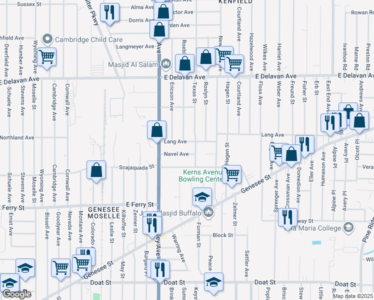 map of restaurants, bars, coffee shops, grocery stores, and more near 56 Navel Avenue in Buffalo
