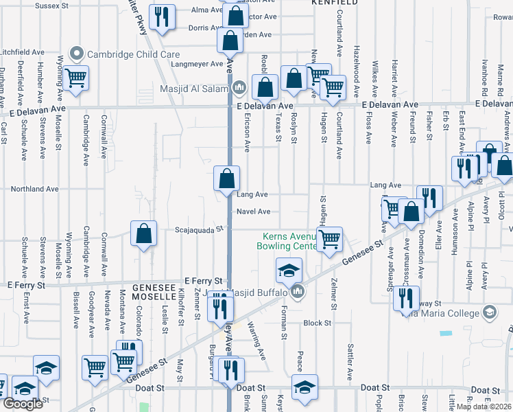 map of restaurants, bars, coffee shops, grocery stores, and more near 56 Navel Avenue in Buffalo