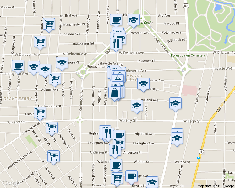 map of restaurants, bars, coffee shops, grocery stores, and more near 766 Elmwood Avenue in Buffalo