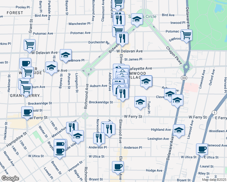 map of restaurants, bars, coffee shops, grocery stores, and more near 766 Elmwood Avenue in Buffalo