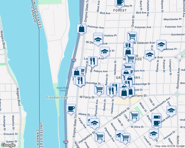 map of restaurants, bars, coffee shops, grocery stores, and more near 1019 West Avenue in Buffalo