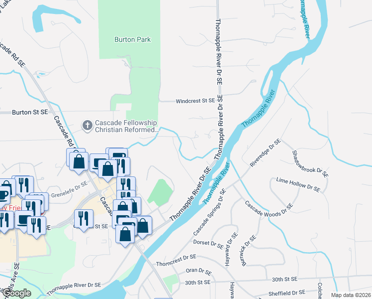 map of restaurants, bars, coffee shops, grocery stores, and more near 2559 Shagbark Avenue Southeast in Grand Rapids