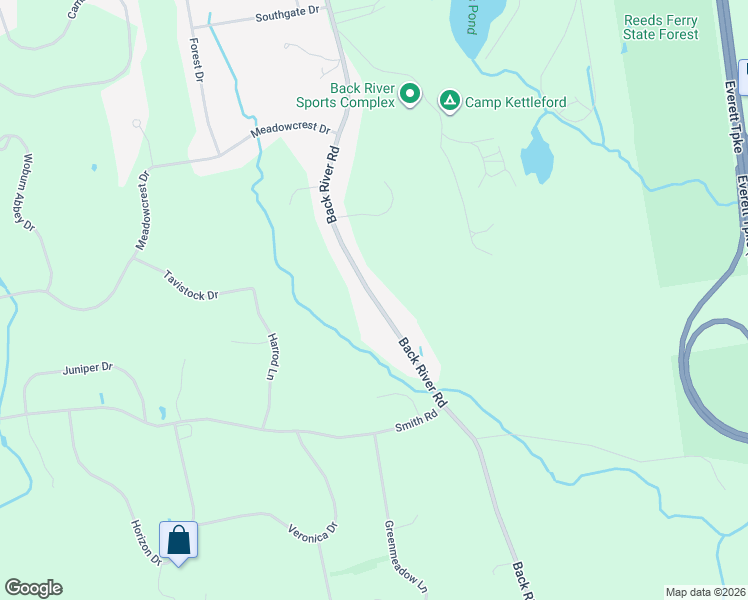 map of restaurants, bars, coffee shops, grocery stores, and more near 215 Back River Road in Bedford