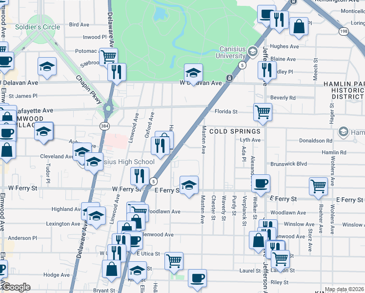 map of restaurants, bars, coffee shops, grocery stores, and more near 1665 Main Street in Buffalo