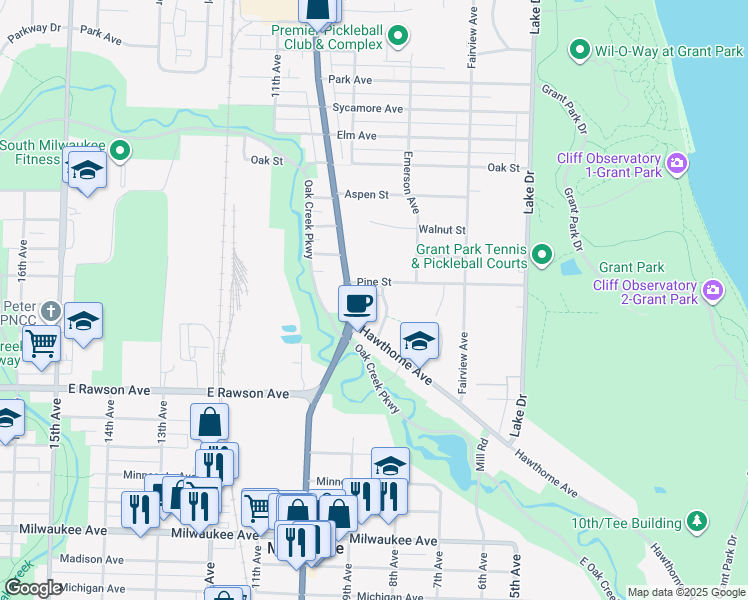 map of restaurants, bars, coffee shops, grocery stores, and more near 1216 Memorial Drive in South Milwaukee