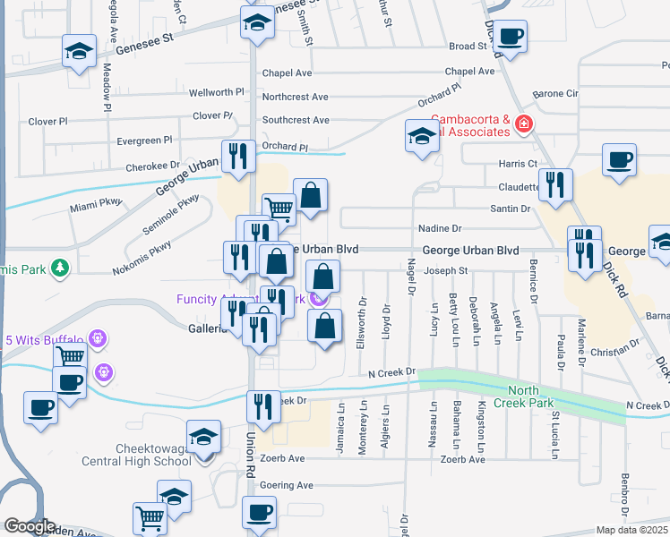 map of restaurants, bars, coffee shops, grocery stores, and more near 15 Wellington Road in Cheektowaga