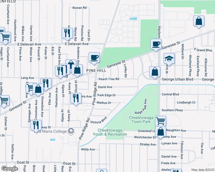 map of restaurants, bars, coffee shops, grocery stores, and more near 46 David Avenue in Cheektowaga