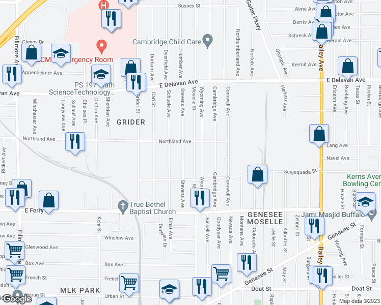 map of restaurants, bars, coffee shops, grocery stores, and more near 532 Moselle Street in Buffalo