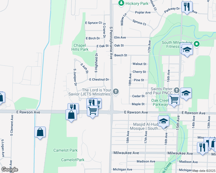 map of restaurants, bars, coffee shops, grocery stores, and more near 6940 South Crane Drive in Oak Creek