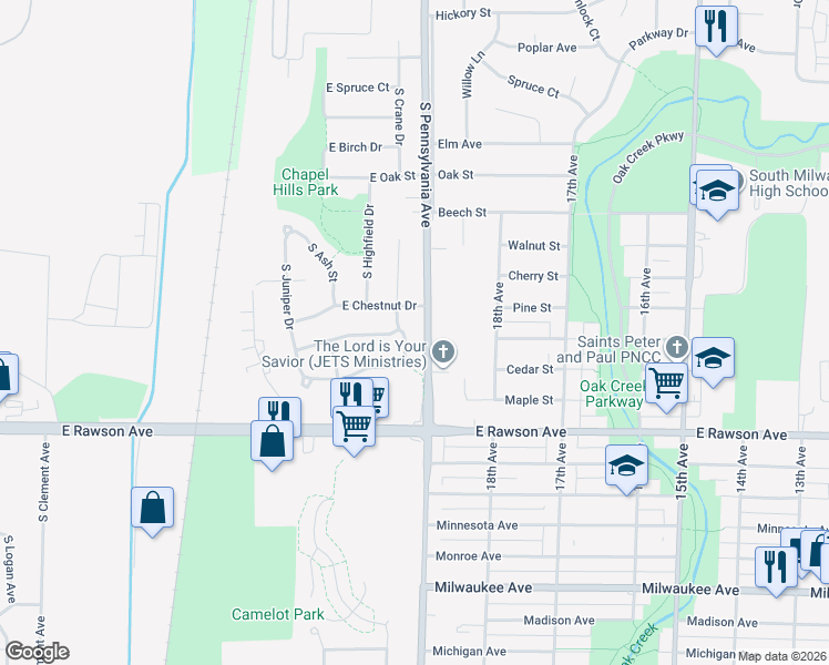 map of restaurants, bars, coffee shops, grocery stores, and more near 6940 South Crane Drive in Oak Creek