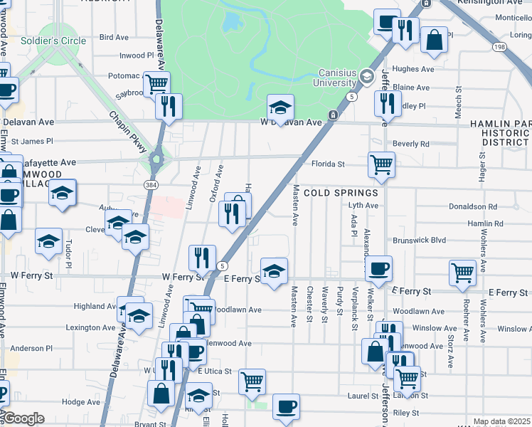 map of restaurants, bars, coffee shops, grocery stores, and more near 1665 Main Street in Buffalo