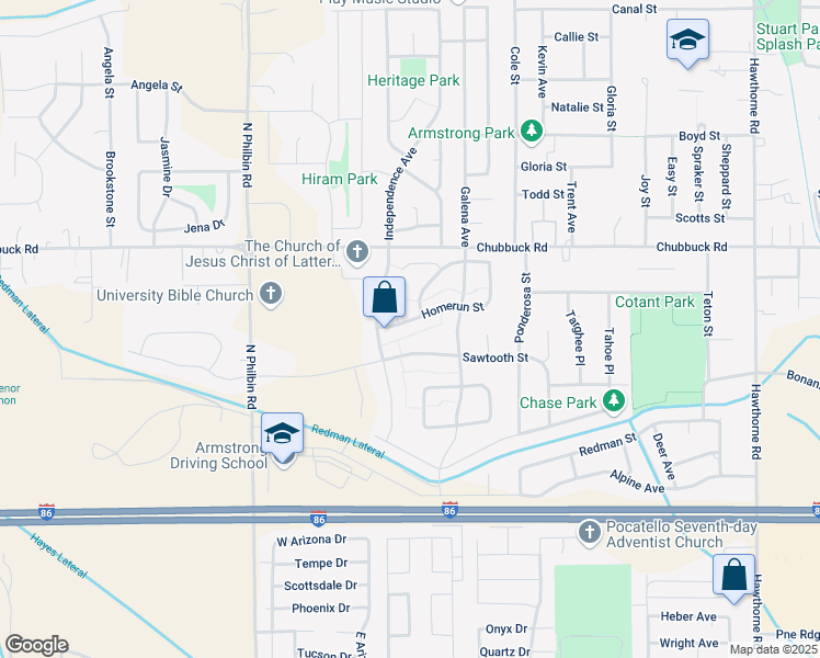 map of restaurants, bars, coffee shops, grocery stores, and more near 1045 Homerun St in Pocatello