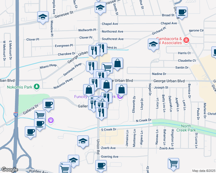 map of restaurants, bars, coffee shops, grocery stores, and more near 1125 George Urban Boulevard in Buffalo