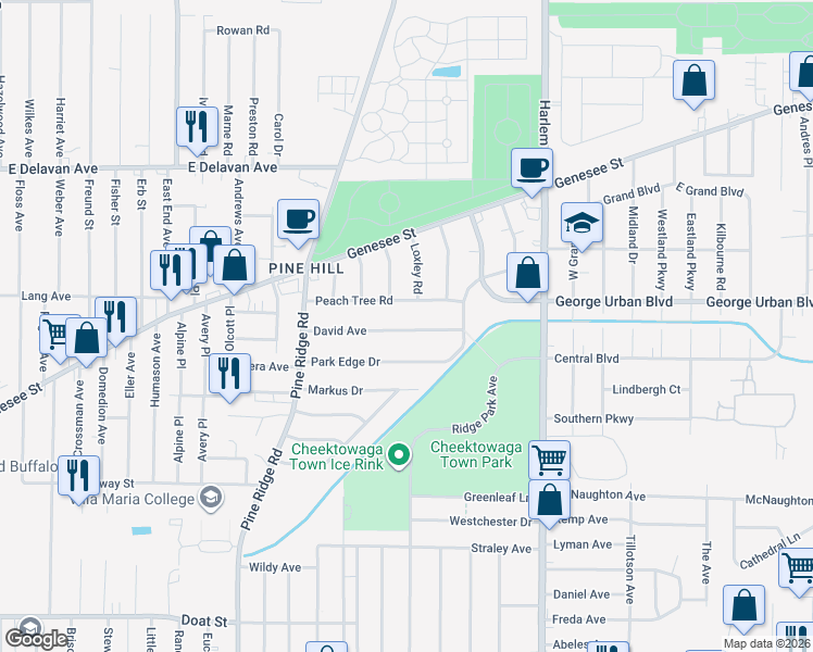 map of restaurants, bars, coffee shops, grocery stores, and more near 129 David Avenue in Buffalo