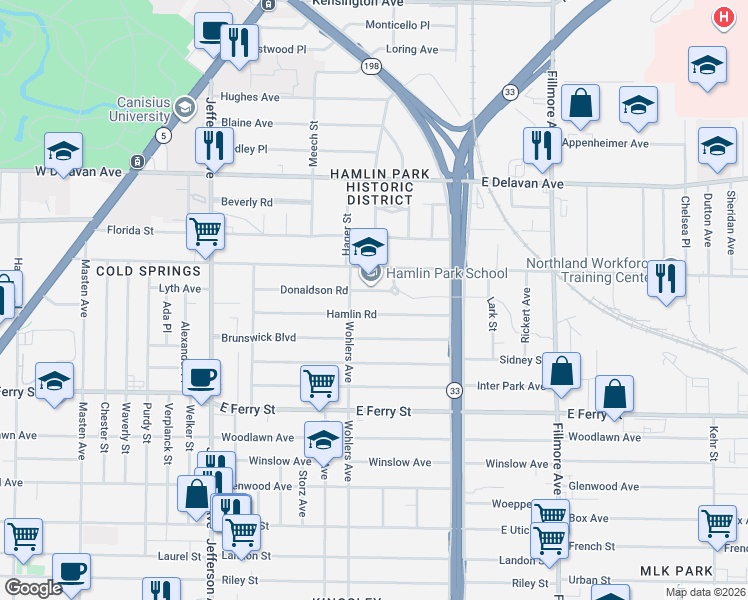 map of restaurants, bars, coffee shops, grocery stores, and more near 122 Hamlin Road in Buffalo