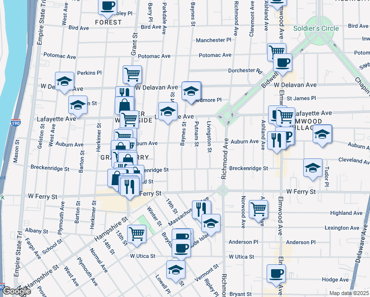 map of restaurants, bars, coffee shops, grocery stores, and more near 40 Putnam Street in Buffalo