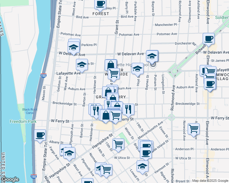 map of restaurants, bars, coffee shops, grocery stores, and more near 34 Boyd Street in Buffalo