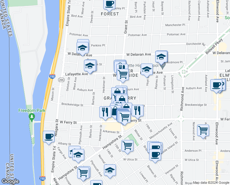 map of restaurants, bars, coffee shops, grocery stores, and more near 142 Grant Street in Buffalo