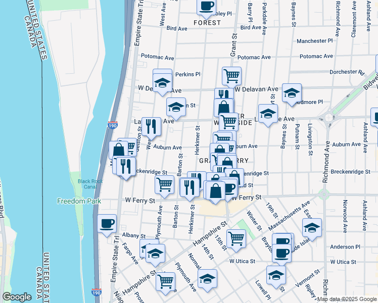 map of restaurants, bars, coffee shops, grocery stores, and more near 179 Auburn Avenue in Buffalo