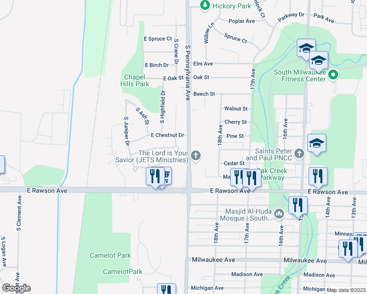 map of restaurants, bars, coffee shops, grocery stores, and more near 6940 South Crane Drive in Oak Creek