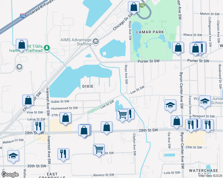 map of restaurants, bars, coffee shops, grocery stores, and more near 2831 Bluewater Lane Southwest in Grandville