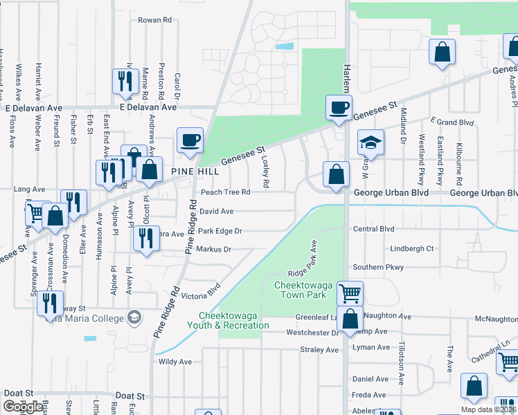 map of restaurants, bars, coffee shops, grocery stores, and more near 129 David Avenue in Buffalo