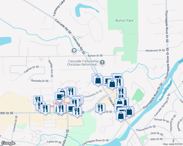 map of restaurants, bars, coffee shops, grocery stores, and more near 6566 Wendell Street Southeast in Grand Rapids
