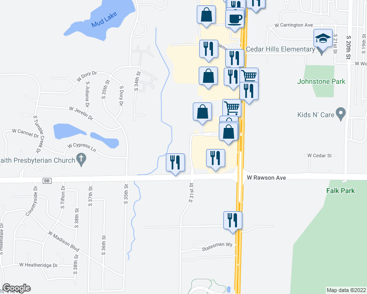 map of restaurants, bars, coffee shops, grocery stores, and more near 7045 South Riverwood Boulevard in Franklin