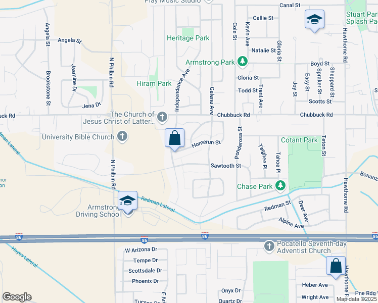 map of restaurants, bars, coffee shops, grocery stores, and more near 1045 Homerun Street in Pocatello