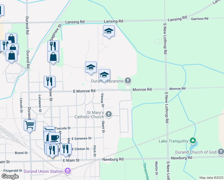 map of restaurants, bars, coffee shops, grocery stores, and more near 9591 East Monroe Road in Durand