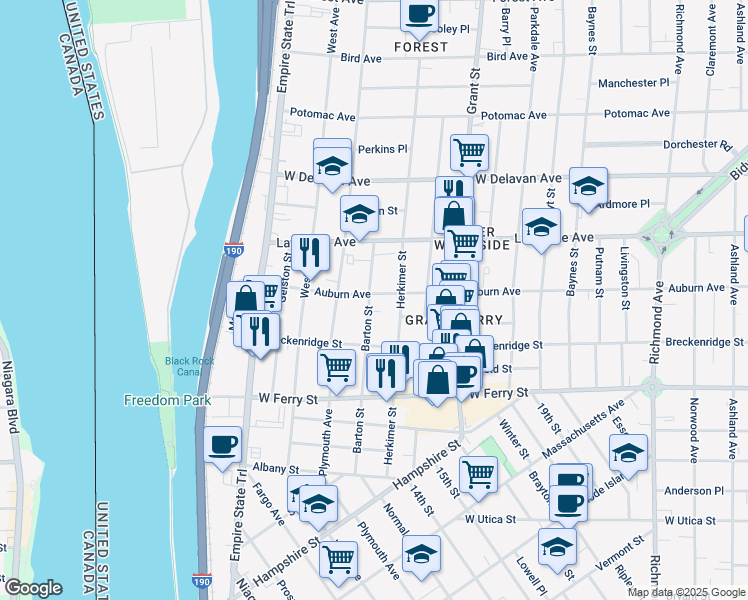 map of restaurants, bars, coffee shops, grocery stores, and more near 179 Auburn Avenue in Buffalo