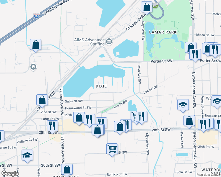 map of restaurants, bars, coffee shops, grocery stores, and more near 2901 Bluewater Lane Southwest in Grandville