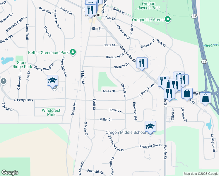 map of restaurants, bars, coffee shops, grocery stores, and more near 147 Ames St in Oregon