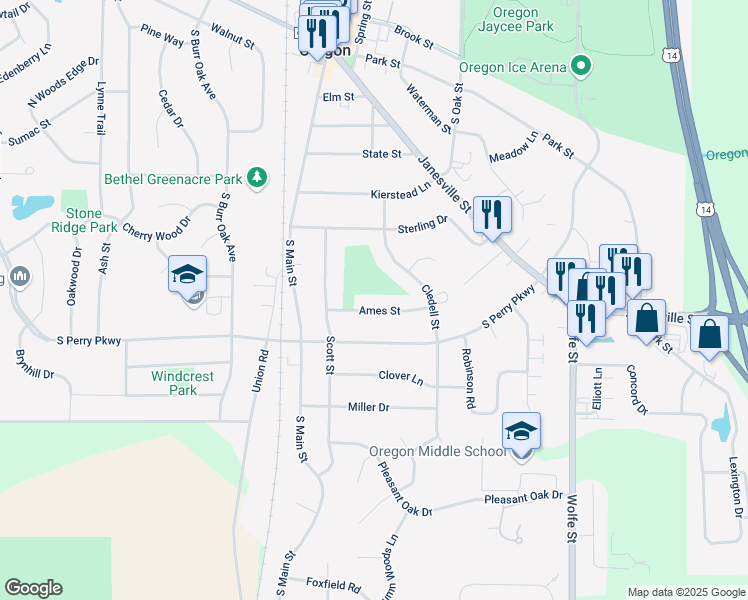 map of restaurants, bars, coffee shops, grocery stores, and more near 147 Ames Street in Oregon