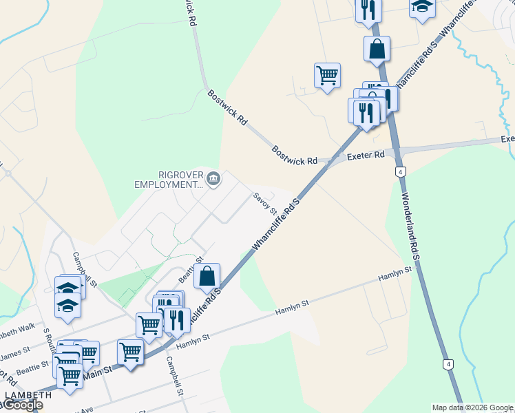 map of restaurants, bars, coffee shops, grocery stores, and more near 3967 Savoy Street in London