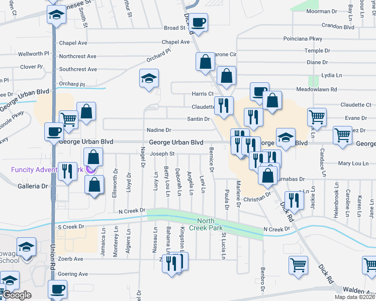 map of restaurants, bars, coffee shops, grocery stores, and more near 143 Joseph Street in Buffalo