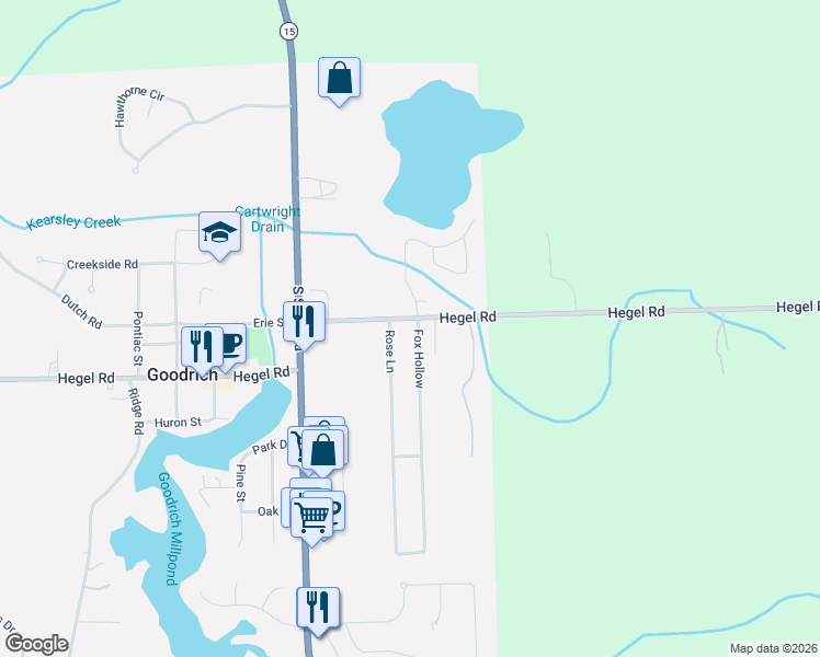 map of restaurants, bars, coffee shops, grocery stores, and more near 8022 Fox Hollow in Goodrich
