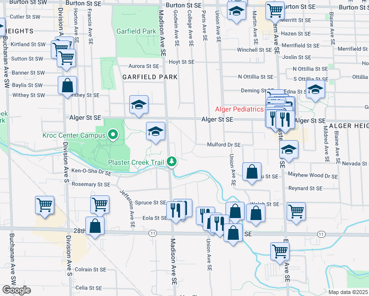 map of restaurants, bars, coffee shops, grocery stores, and more near 2460 Godwin Avenue Southeast in Grand Rapids