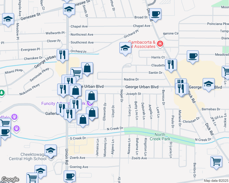 map of restaurants, bars, coffee shops, grocery stores, and more near 55 Joseph Street in Buffalo