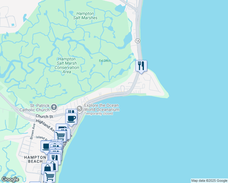 map of restaurants, bars, coffee shops, grocery stores, and more near 461A Ocean Boulevard in Hampton